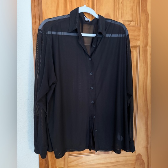 BP Black Sheer Mesh Button-up Shirt Size M - Picture 2 of 9